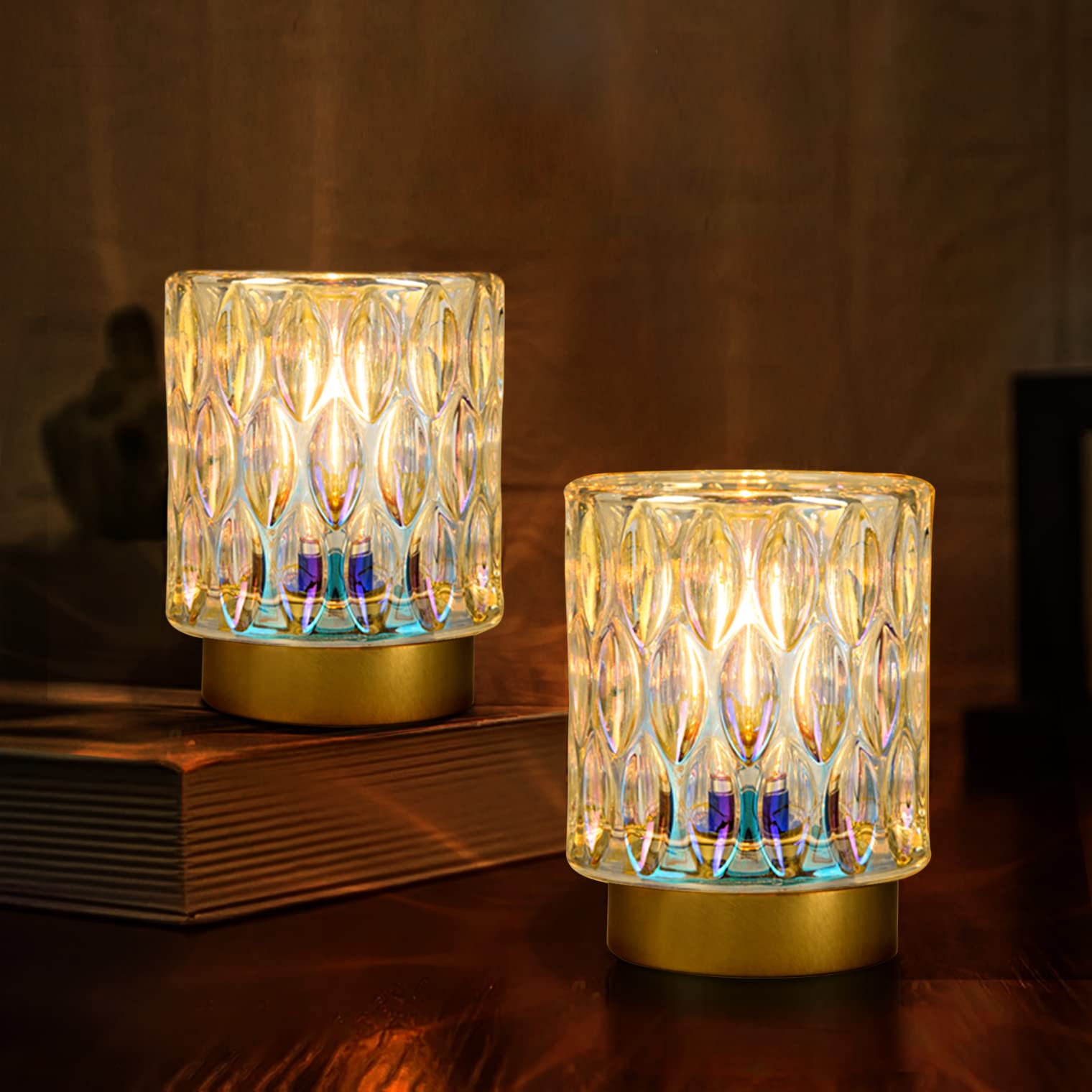Battery Operated Table Lamps Timer, Mini Crystal Lamp for Area No Plug, Cordless Lamp with LED Bulb for Power Outage, Decorative Lamp for Tabletop/Corner/Entryway/Stairway/Bathroom/Fireplace(2*AMBER)