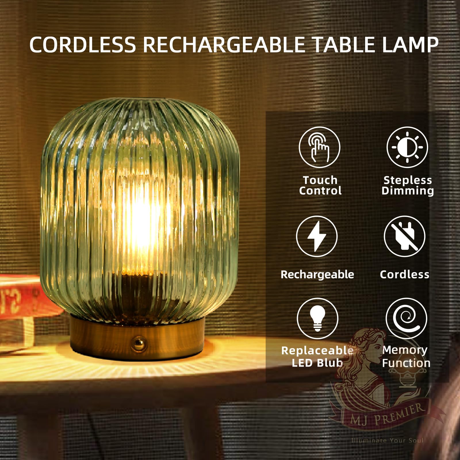 Cordless Rechargeable Table Lamp, Dimmable Table Lamp with Touch Control - 1800mAh LED Battery Operated Lamp for Bedroom/Livingroom/Bathroom/Kitchen/Corner/Entryway, Outdoor Green