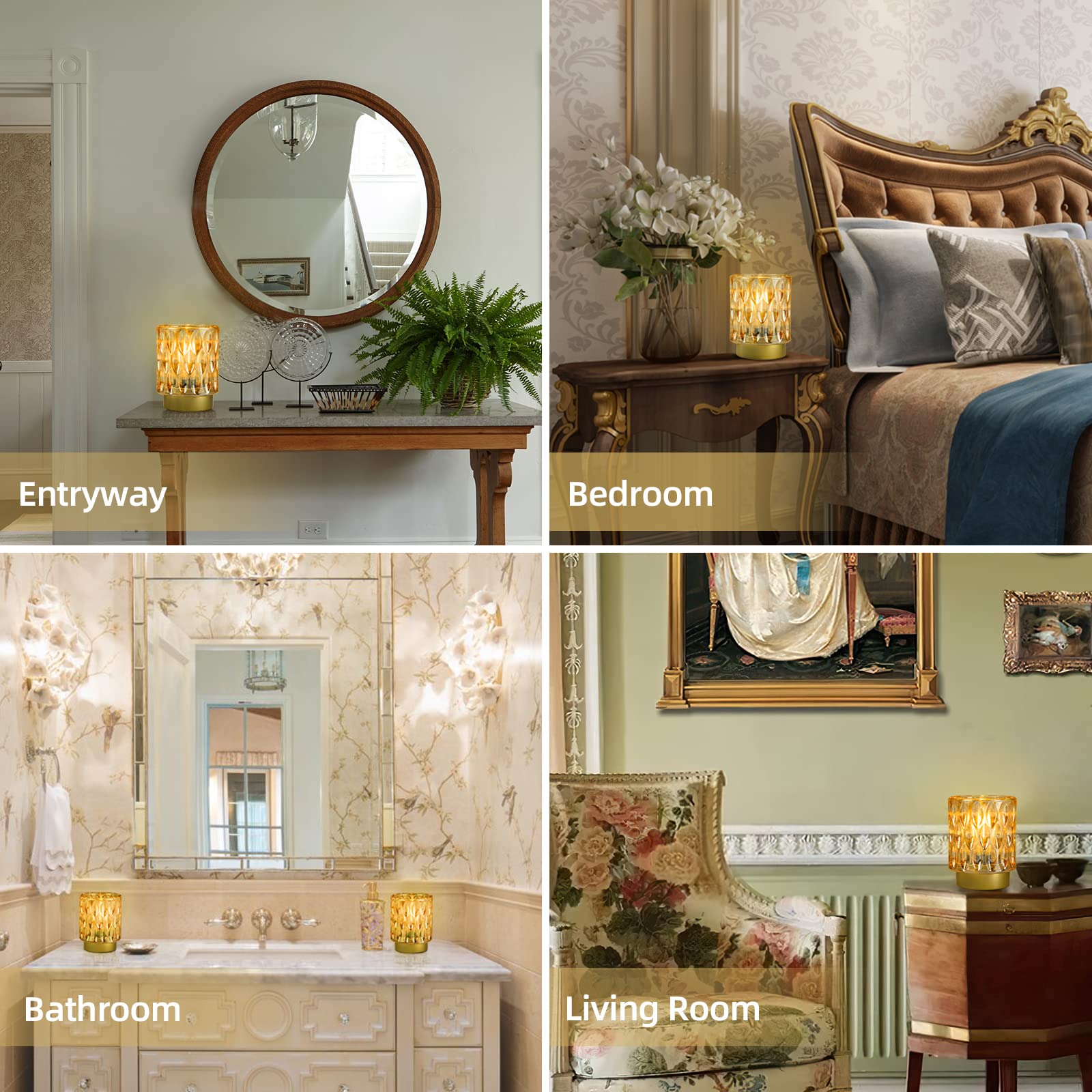 Battery Operated Table Lamps Timer, Mini Crystal Lamp for Area No Plug, Cordless Lamp with LED Bulb for Power Outage, Decorative Lamp for Tabletop/Corner/Entryway/Stairway/Bathroom/Fireplace(2*AMBER)
