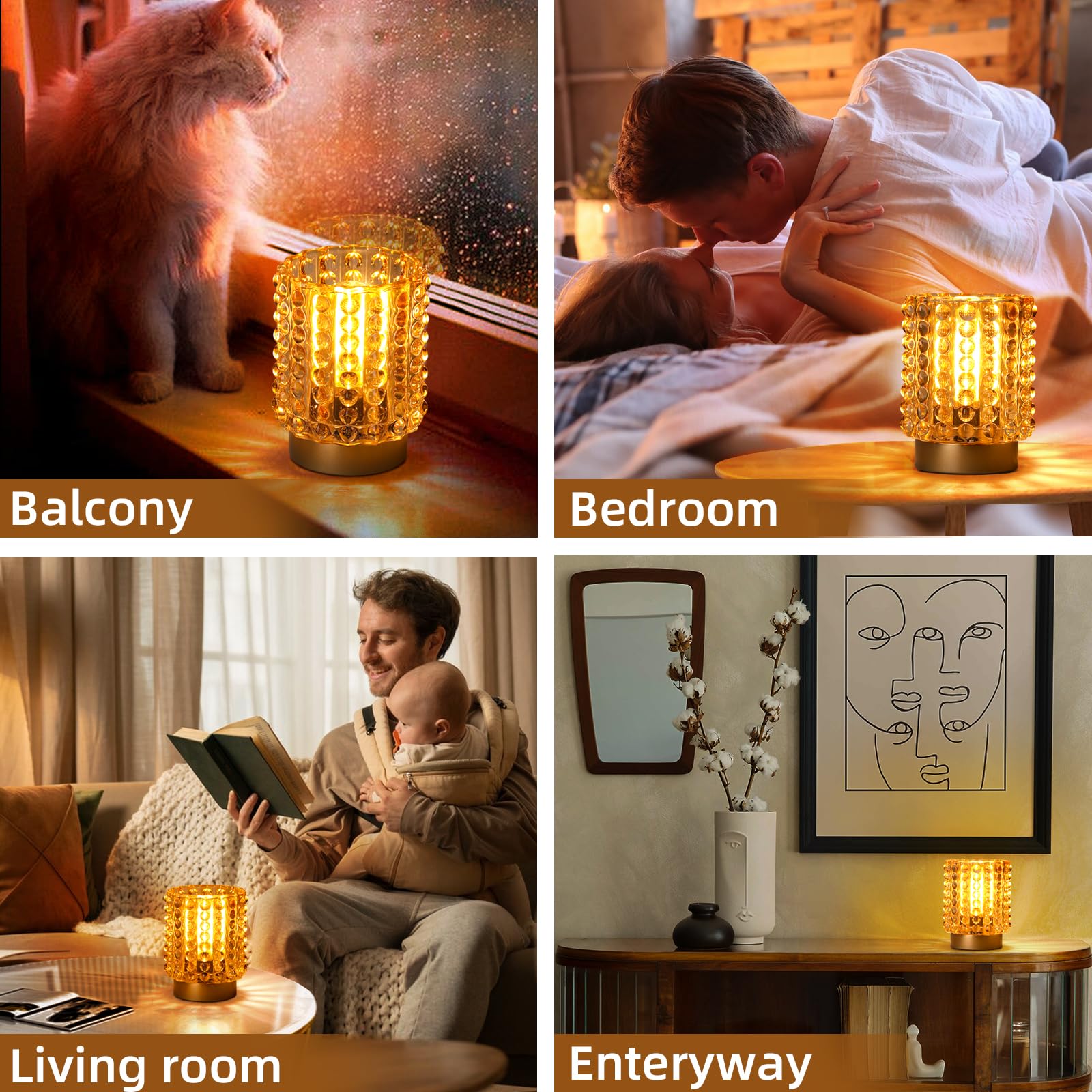 Battery Operated Mini Crystal Table Lamp with Timer - Cordless for Home Decor, No Outlets Required - Glass Battery Powered Lamp for Entryway, Bedroom, Bathroom, Shelf, Corner (Yellow)