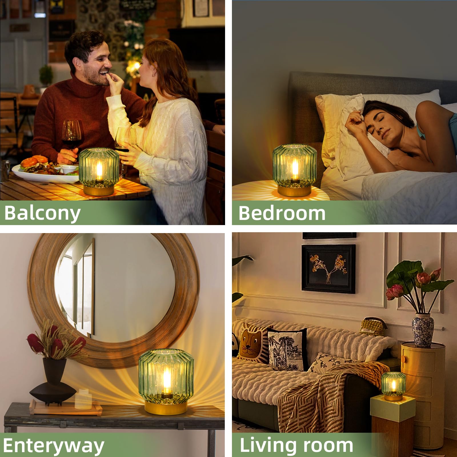 Battery-Operated Table Lamp Timer, Cordless Lamp for Areas No Outlets, Decorative LED Accent Lamp with 100% Original Vintage Lantern Design, Glass Mood Light for Entryway, Bedroom,Bathroom (Green)