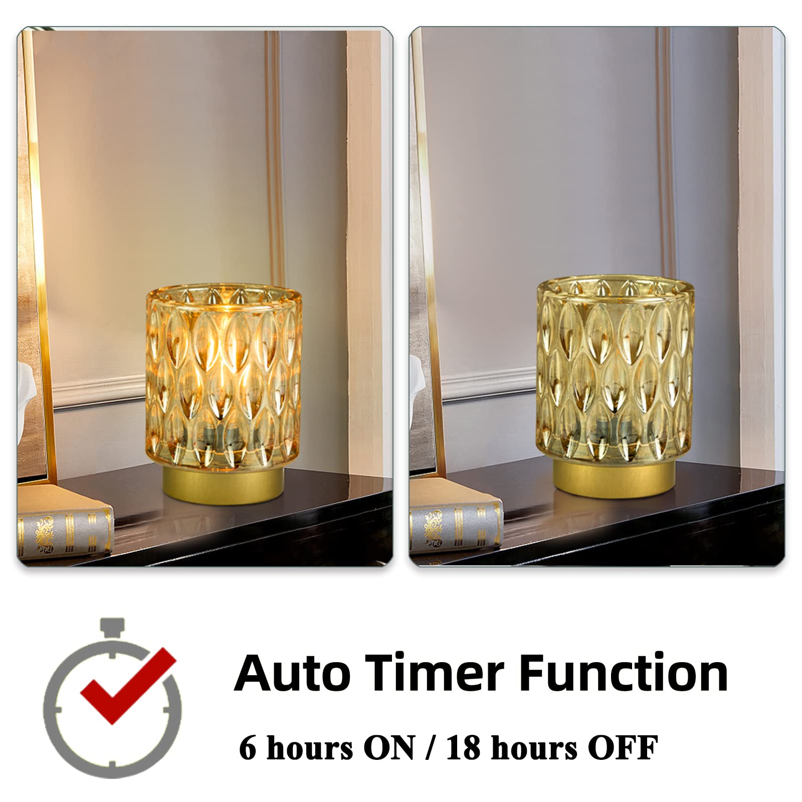 Battery Operated Table Lamps Timer, Mini Crystal Lamp for Area No Plug, Cordless Lamp with LED Bulb for Power Outage, Decorative Lamp for Tabletop/Corner/Entryway/Stairway/Bathroom/Fireplace(2*AMBER)