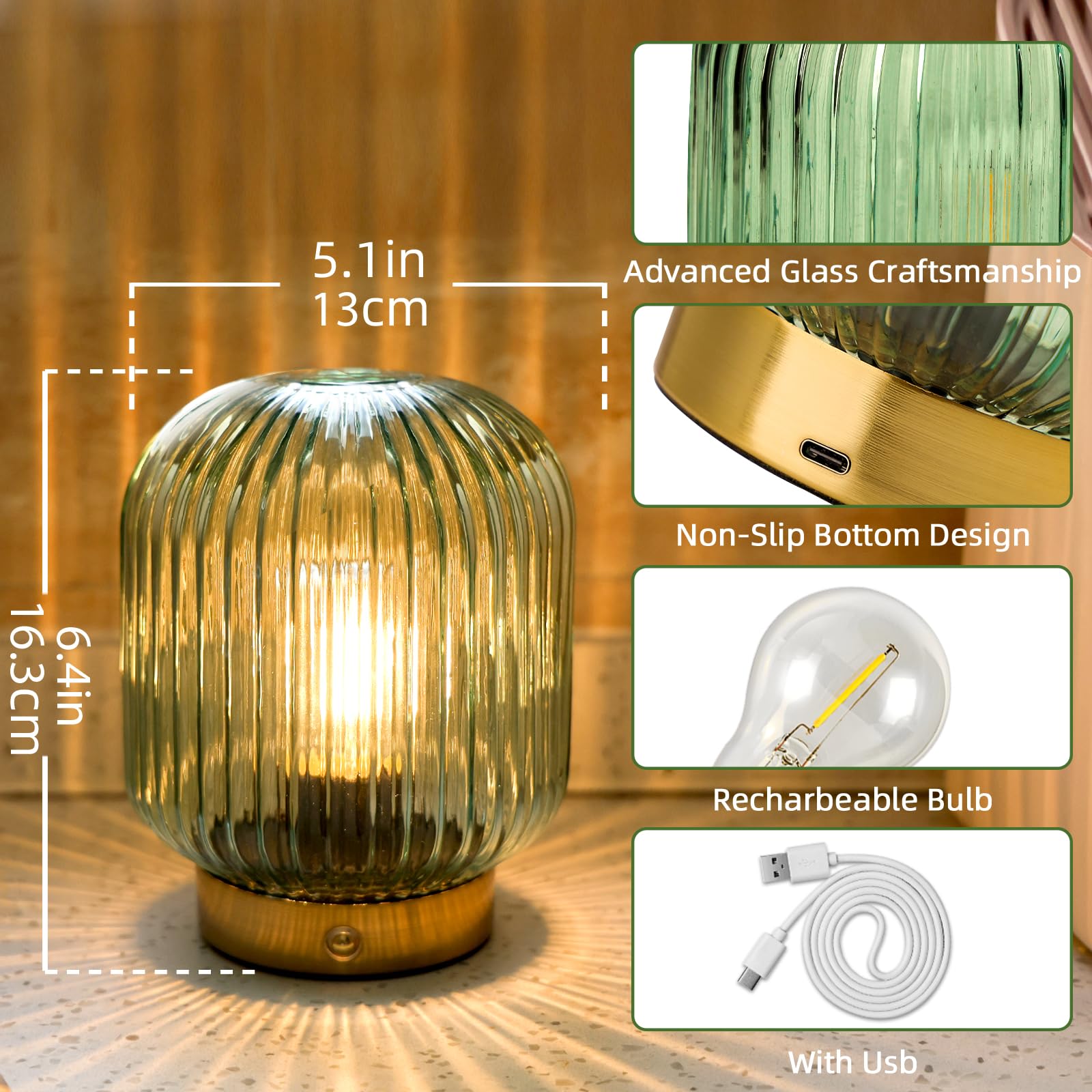 Cordless Rechargeable Table Lamp, Dimmable Table Lamp with Touch Control - 1800mAh LED Battery Operated Lamp for Bedroom/Livingroom/Bathroom/Kitchen/Corner/Entryway, Outdoor Green