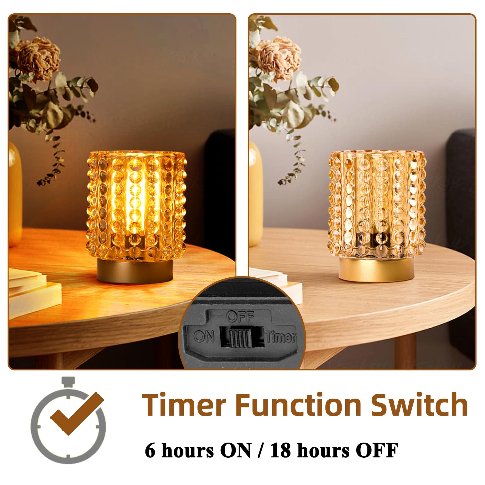Battery Operated Mini Crystal Table Lamp with Timer - Cordless for Home Decor, No Outlets Required - Glass Battery Powered Lamp for Entryway, Bedroom, Bathroom, Shelf, Corner (Yellow)