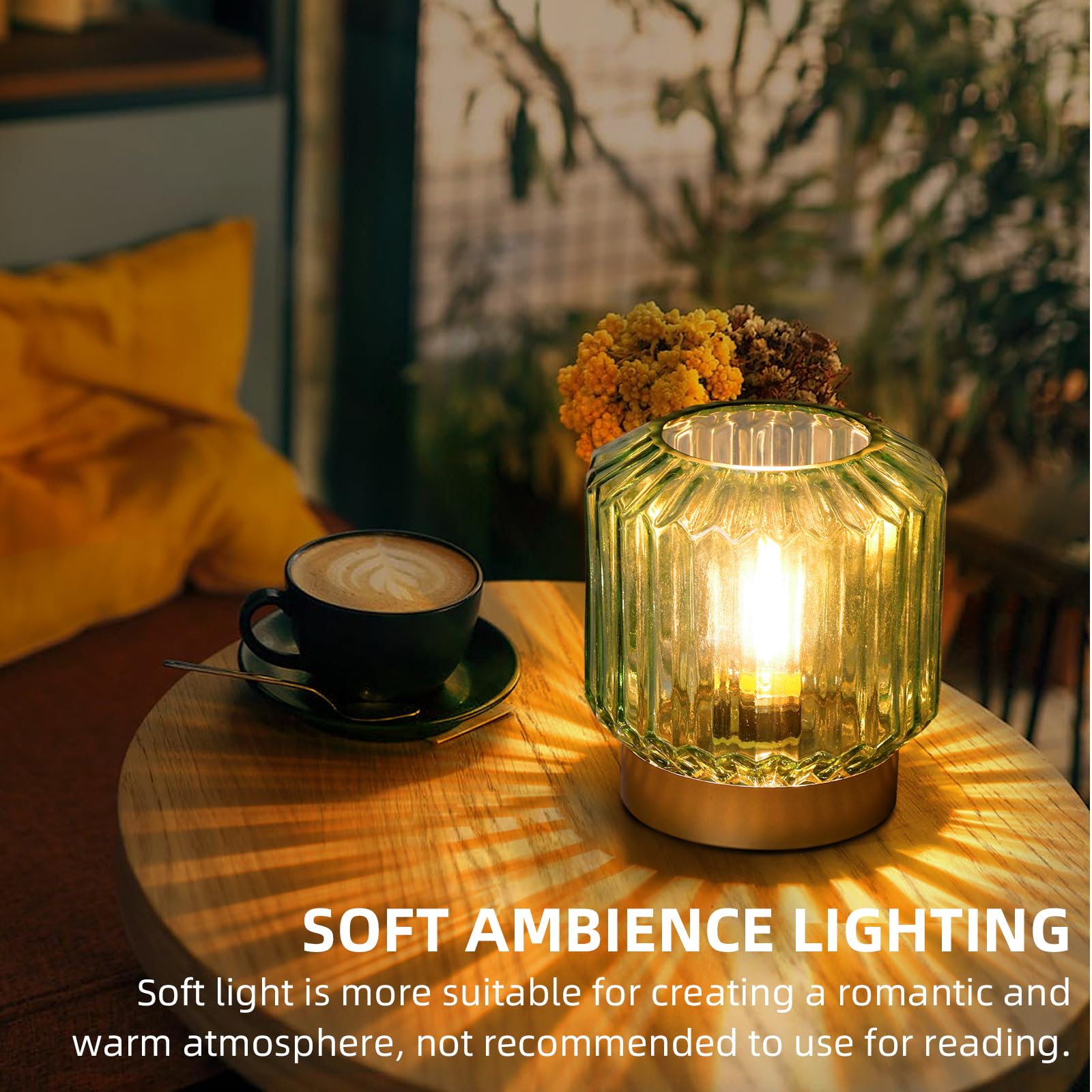 Battery-Operated Table Lamp Timer, Cordless Lamp for Areas No Outlets, Decorative LED Accent Lamp with 100% Original Vintage Lantern Design, Glass Mood Light for Entryway, Bedroom,Bathroom (Green)
