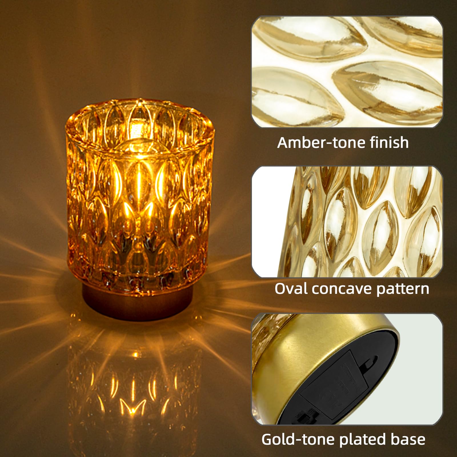 Battery Operated Table Lamps Timer, Mini Crystal Lamp for Area No Plug, Cordless Lamp with LED Bulb for Power Outage, Decorative Lamp for Tabletop/Corner/Entryway/Stairway/Bathroom/Fireplace(2*AMBER)