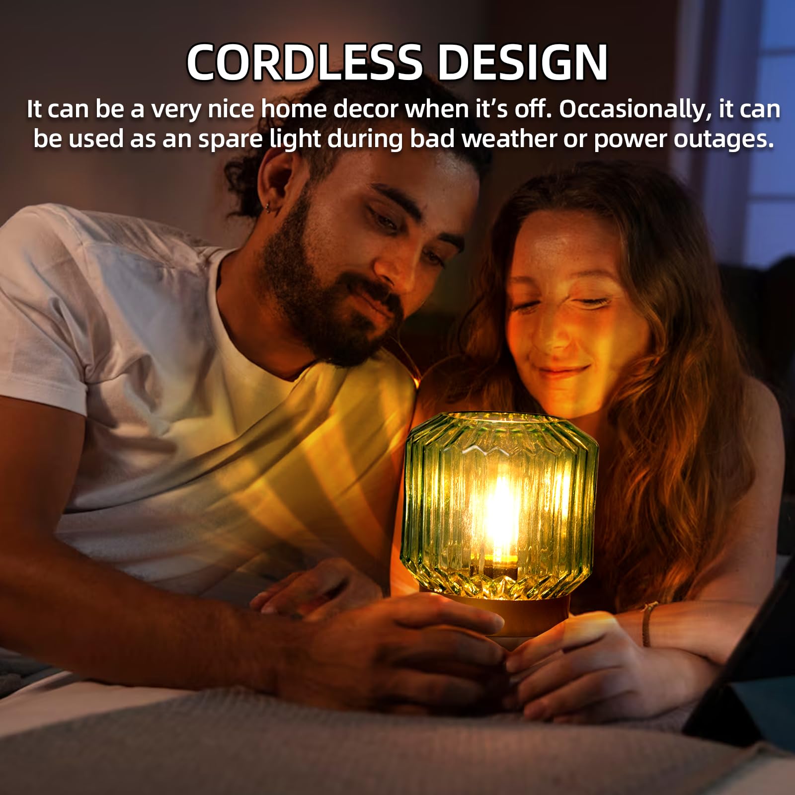Battery-Operated Table Lamp Timer, Cordless Lamp for Areas No Outlets, Decorative LED Accent Lamp with 100% Original Vintage Lantern Design, Glass Mood Light for Entryway, Bedroom,Bathroom (Green)