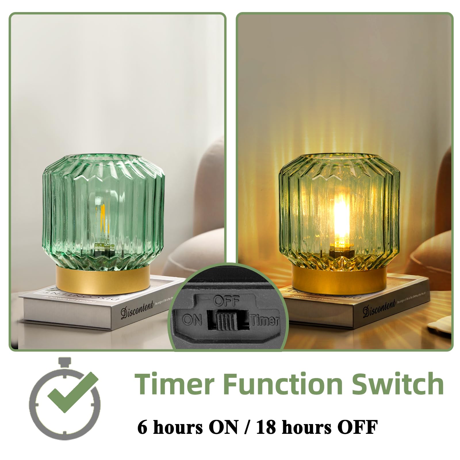 Battery-Operated Table Lamp Timer, Cordless Lamp for Areas No Outlets, Decorative LED Accent Lamp with 100% Original Vintage Lantern Design, Glass Mood Light for Entryway, Bedroom,Bathroom (Green)