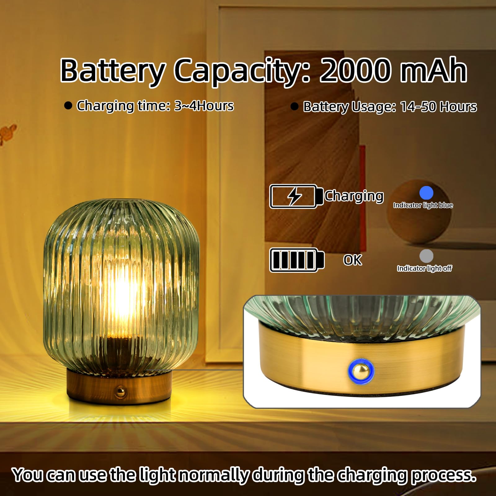 Cordless Rechargeable Table Lamp, Dimmable Table Lamp with Touch Control - 1800mAh LED Battery Operated Lamp for Bedroom/Livingroom/Bathroom/Kitchen/Corner/Entryway, Outdoor Green