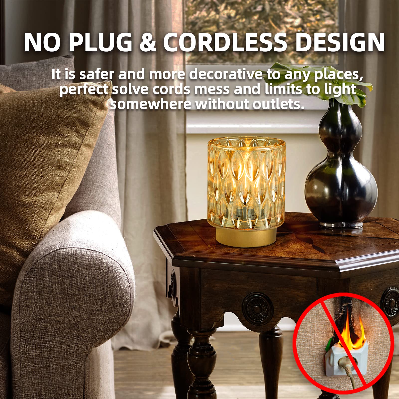 Battery Operated Table Lamps Timer, Mini Crystal Lamp for Area No Plug, Cordless Lamp with LED Bulb for Power Outage, Decorative Lamp for Tabletop/Corner/Entryway/Stairway/Bathroom/Fireplace(2*AMBER)