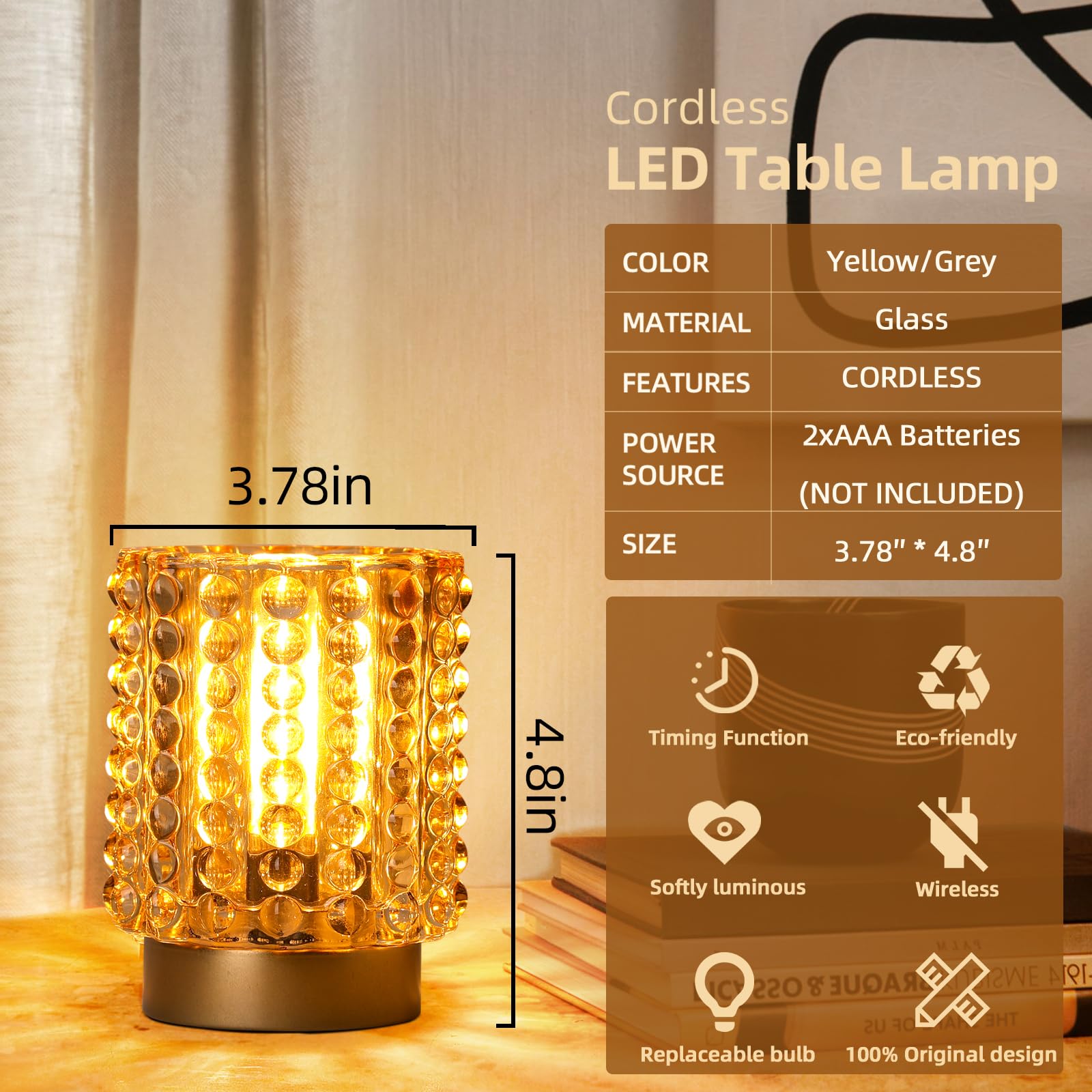 Battery Operated Mini Crystal Table Lamp with Timer - Cordless for Home Decor, No Outlets Required - Glass Battery Powered Lamp for Entryway, Bedroom, Bathroom, Shelf, Corner (Yellow)