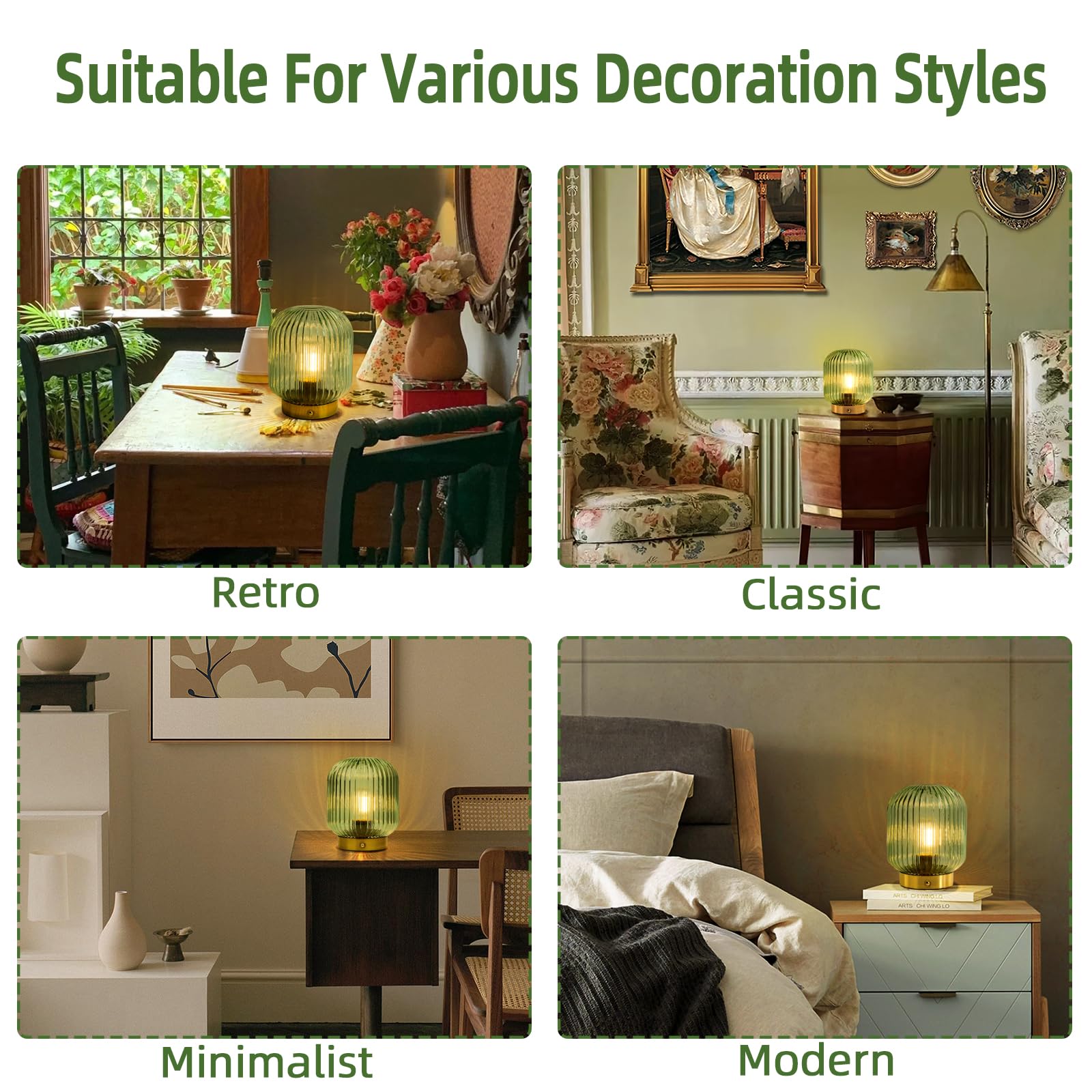Cordless Rechargeable Table Lamp, Dimmable Table Lamp with Touch Control - 1800mAh LED Battery Operated Lamp for Bedroom/Livingroom/Bathroom/Kitchen/Corner/Entryway, Outdoor Green