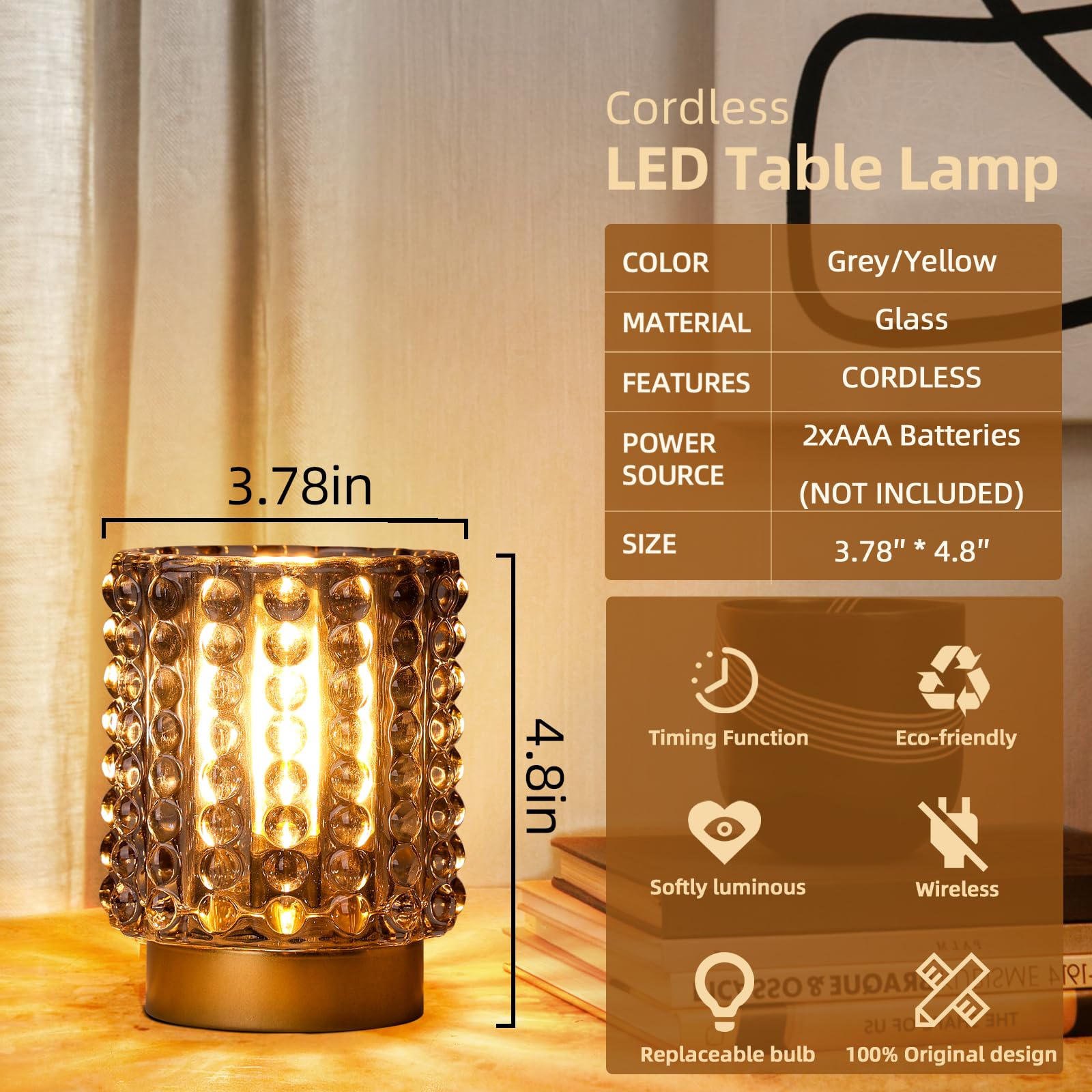 Battery Operated Mini Crystal Table Lamp with Timer - Cordless for Home Decor, No Outlets Required - Glass Battery Powered Lamp for Entryway, Bedroom, Bathroom, Shelf, Corner (Yellow)
