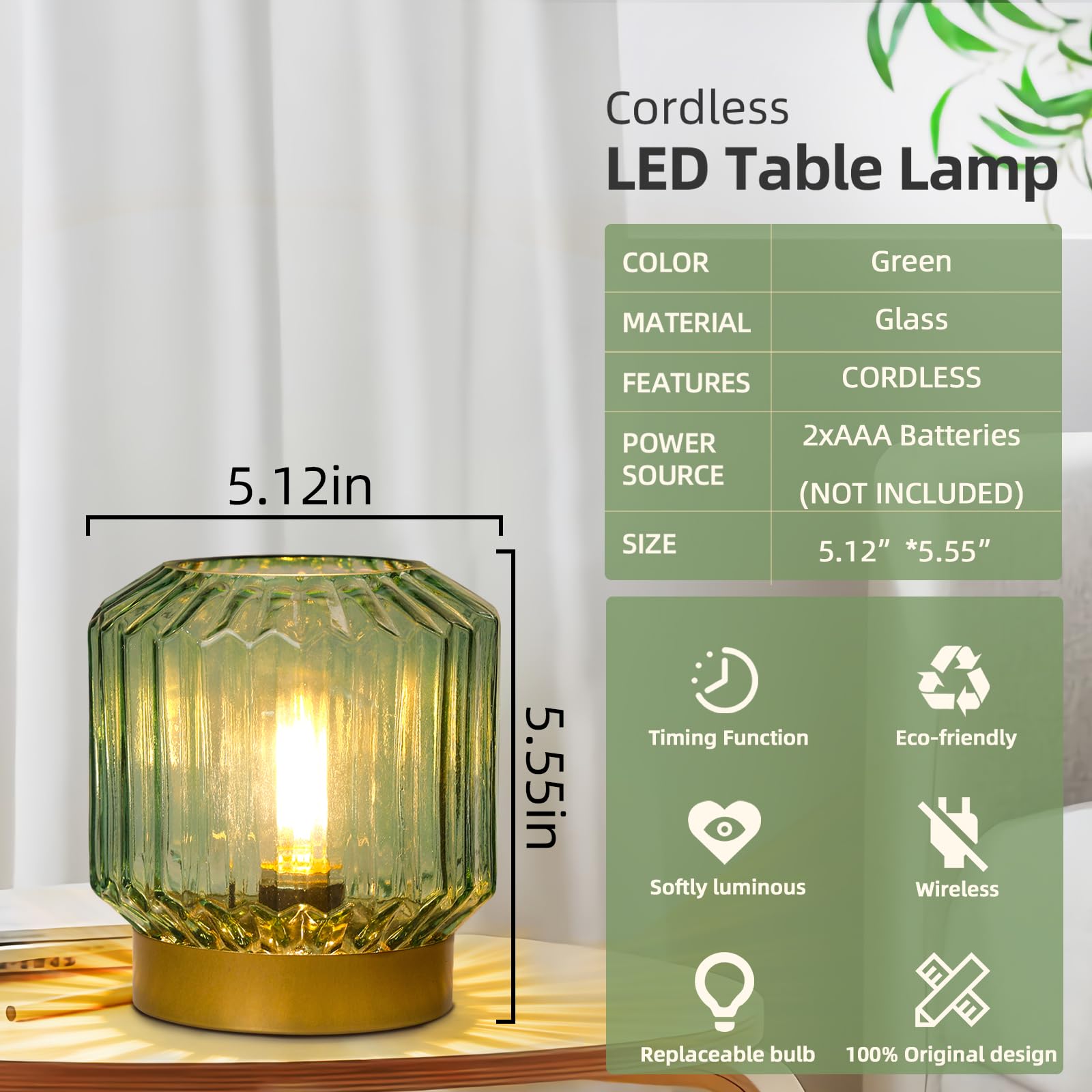 Battery-Operated Table Lamp Timer, Cordless Lamp for Areas No Outlets, Decorative LED Accent Lamp with 100% Original Vintage Lantern Design, Glass Mood Light for Entryway, Bedroom,Bathroom (Green)