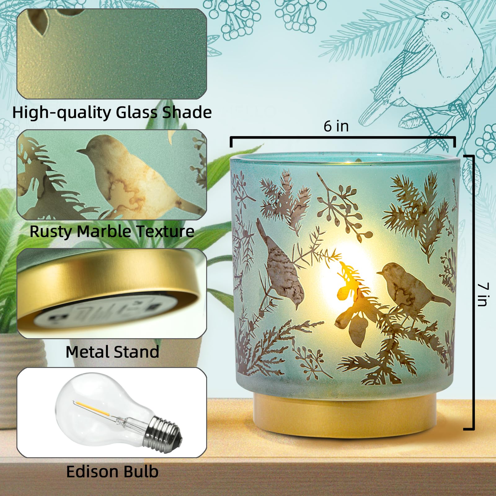 Battery Operated Cordless Lamp Timer, BIG 7'' Battery Powered Table Lamp, Emergency Lamp for Area No Plug/Hurricane, Decorative Bird Accent Lamp for Kitchen Counter/Entryway/Bathroom/Shelf/Living room
